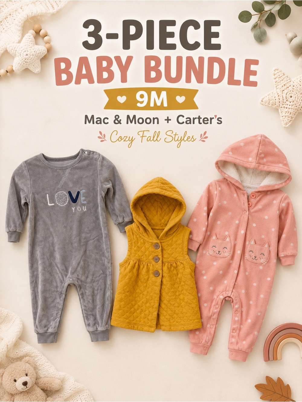 Baby Girls 9M 3 Piece Clothing Lot Carters Mac & Moon Rompers Hooded Vest